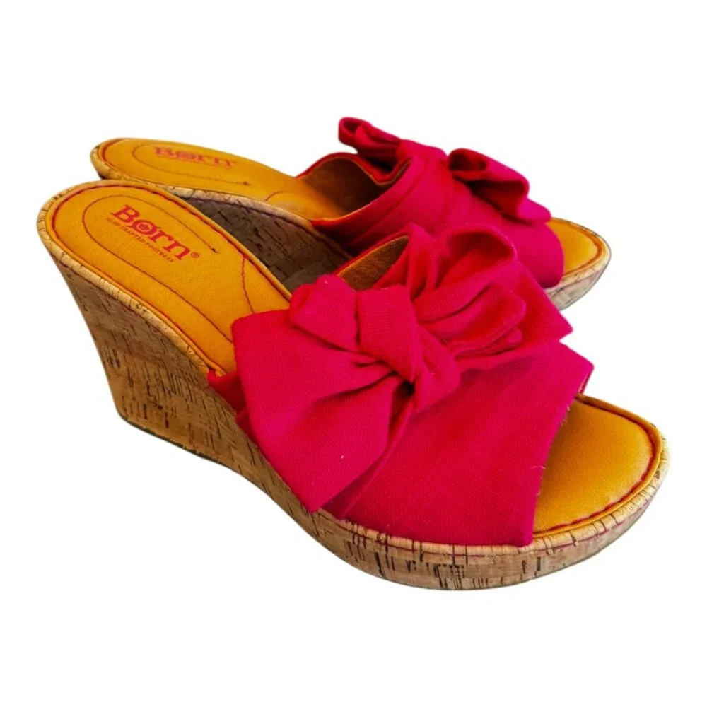 NWT Born Fuchsia Pink Bow Slide Wedge Sandals Size 8